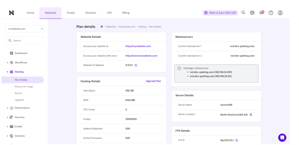 Hostinger domain: dashboard